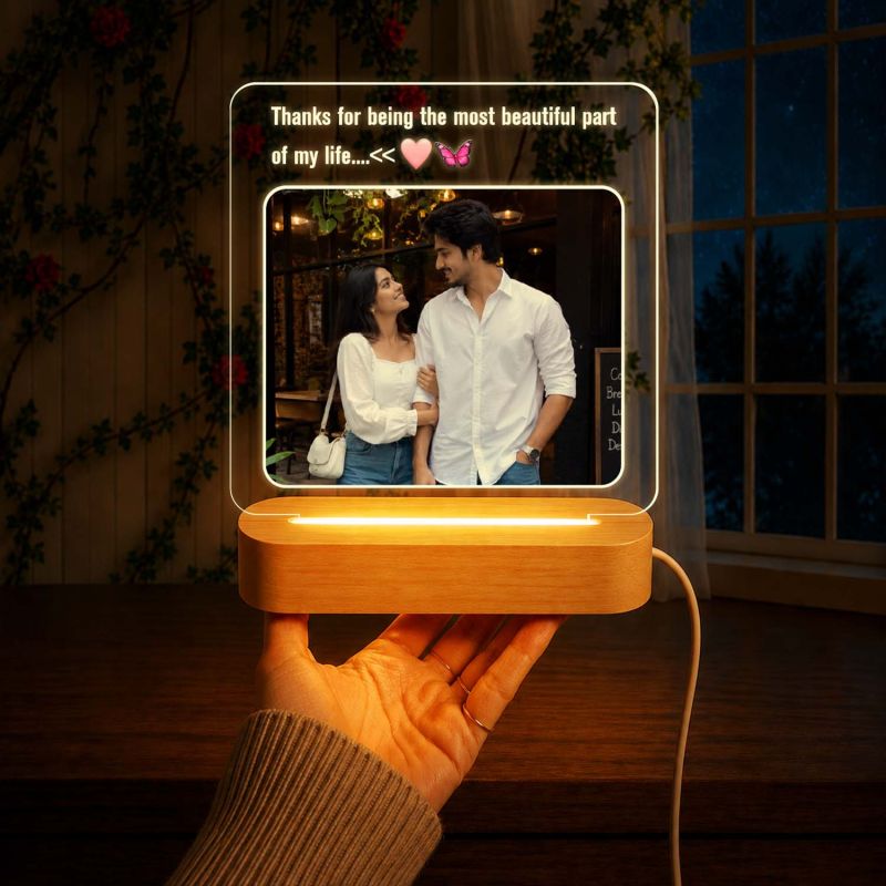 Personalized Couple Acrylic LED Lamp with Wooden Base Gift for Birthday, Anniversary, Valentines Day, Husband Wife Memorable Gift for Couples  Long Distance Couple Gift